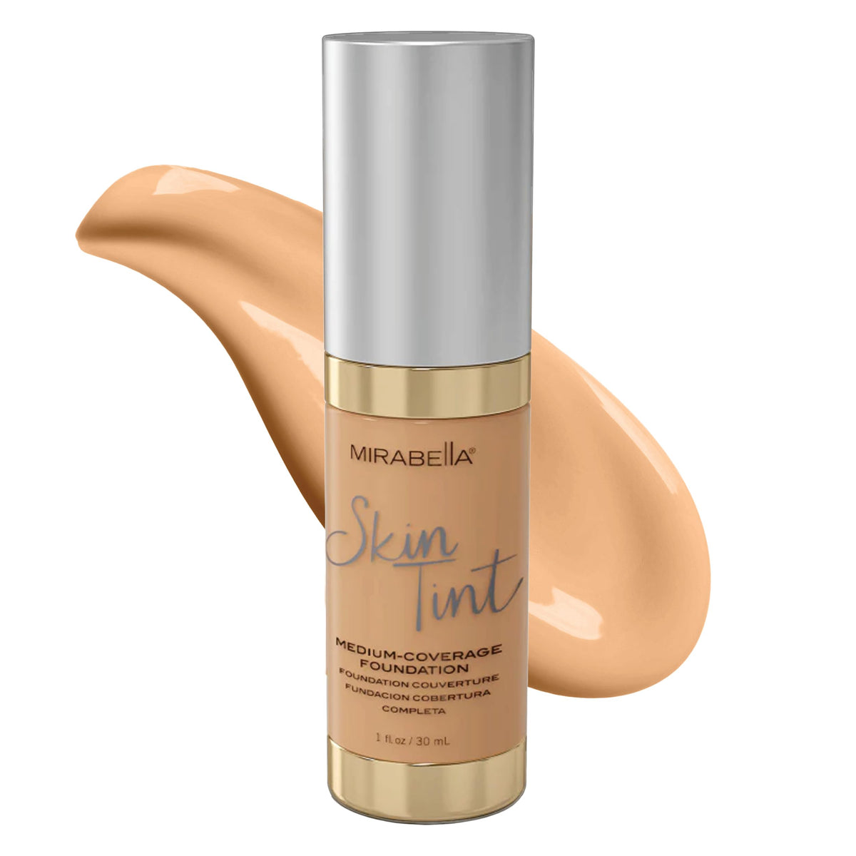 Mirabella Skin Tint Creme bottle with pump for oil-free application.