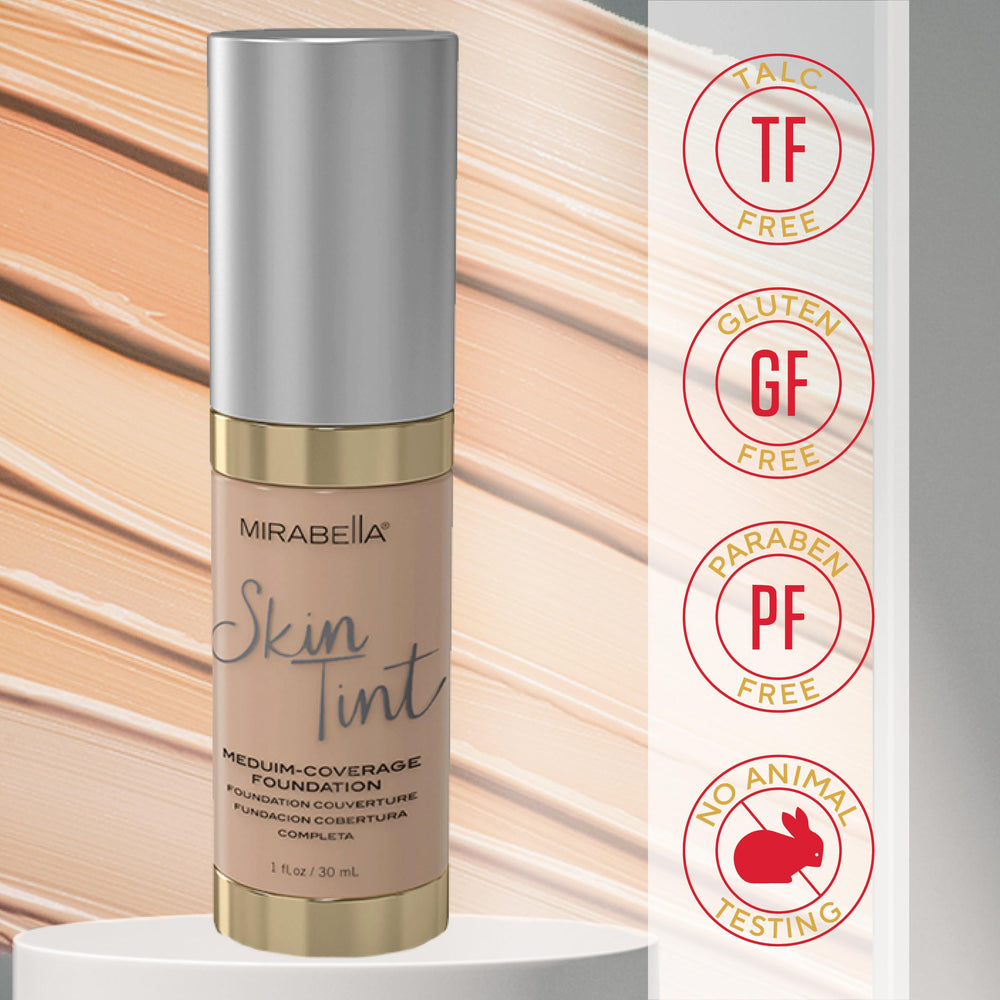 Mirabella Skin Tint Creme packaging shot, shows shade range and lightweight design