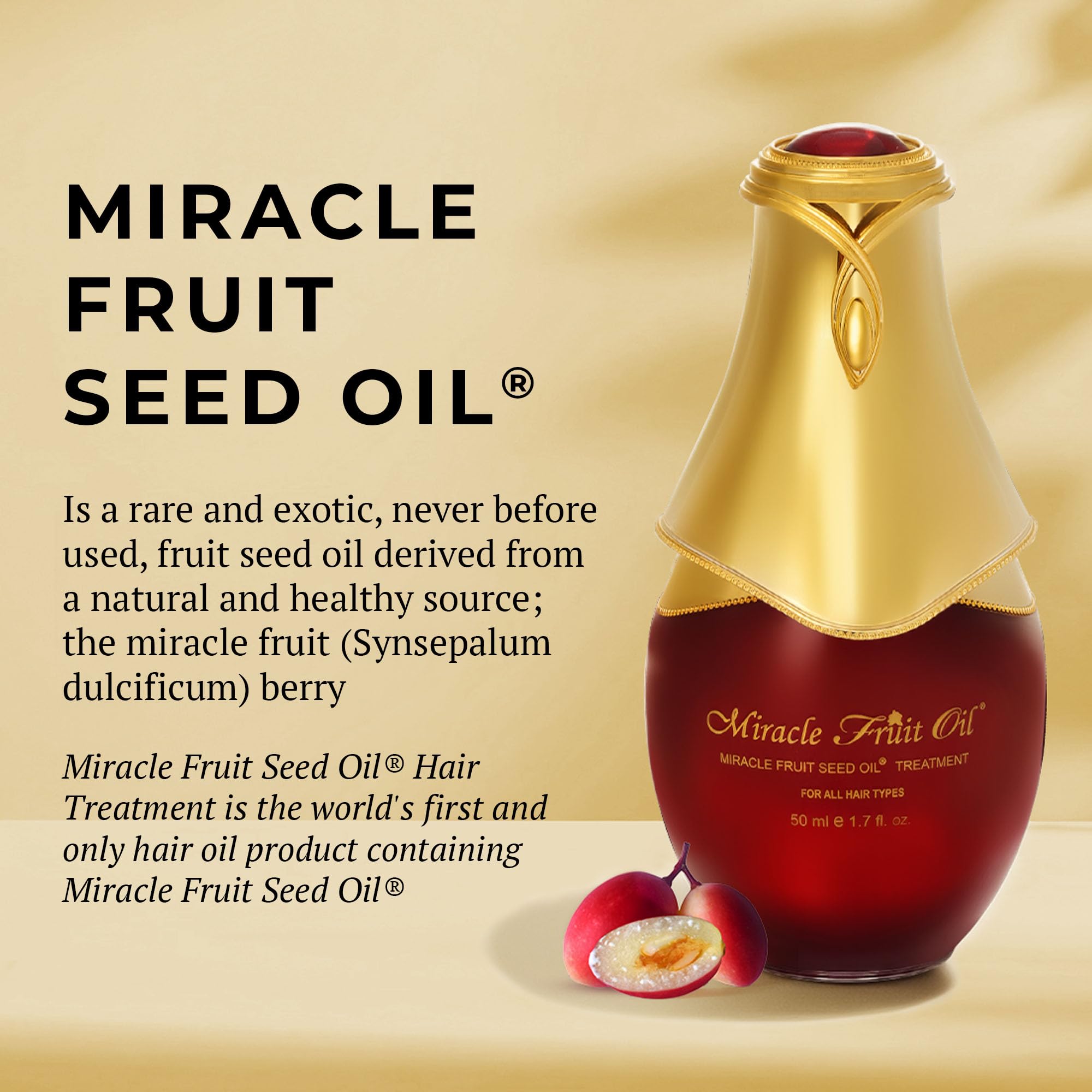 Miracle Fruit Oil Seed for dry hair seals moisture and reduces frizz.