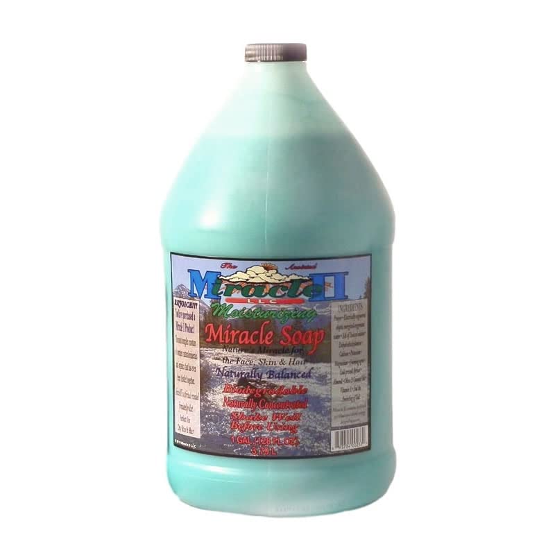 Miracle II moisturizing soap pour bottle demonstrates multi-use degreasing and deodorizing action.