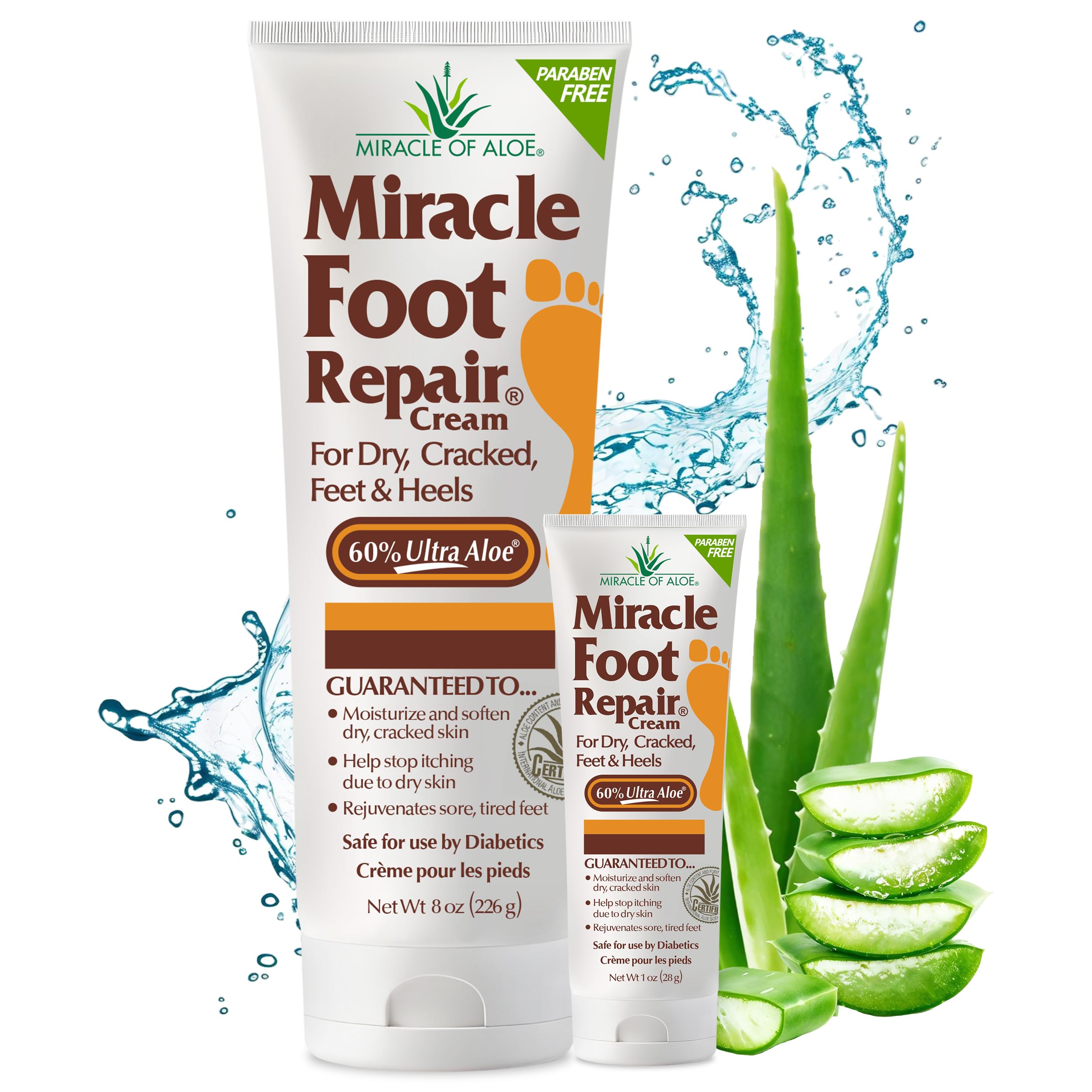 Miracle of Aloe Foot Repair Cream 8oz tube showing packaging and moisture