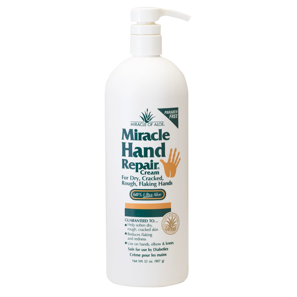 Miracle of Aloe hand repair cream bottle close-up showing rich formula for dry hands