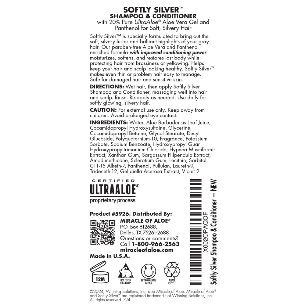 Miracle of Aloe Softly Silver shampoo label closeup highlights product branding.