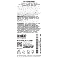 Miracle of Aloe Softly Silver shampoo label closeup highlights product branding.