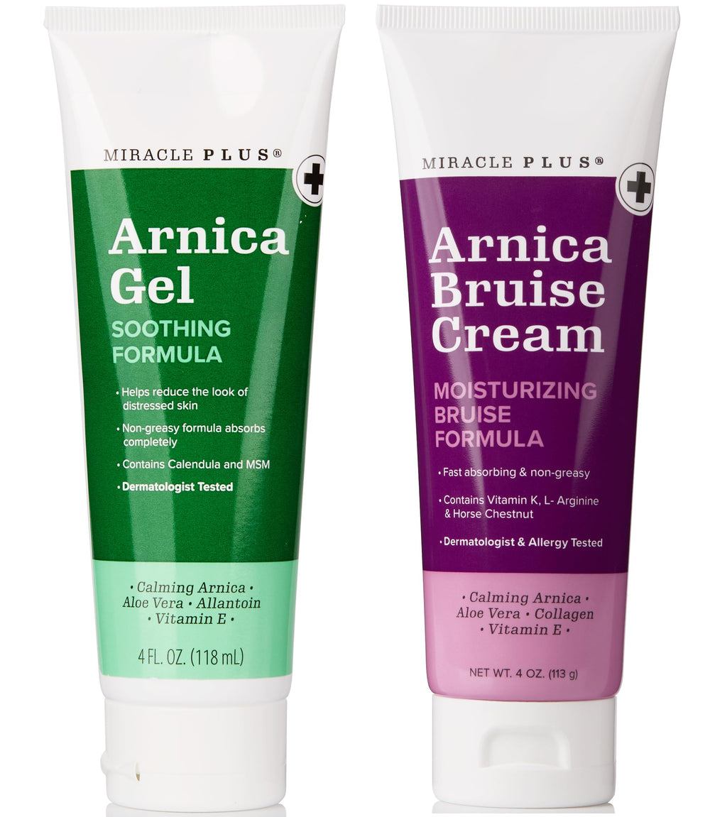Miracle Plus Arnica Cream bottle highlights bruise-relief formula and moisturizing skin