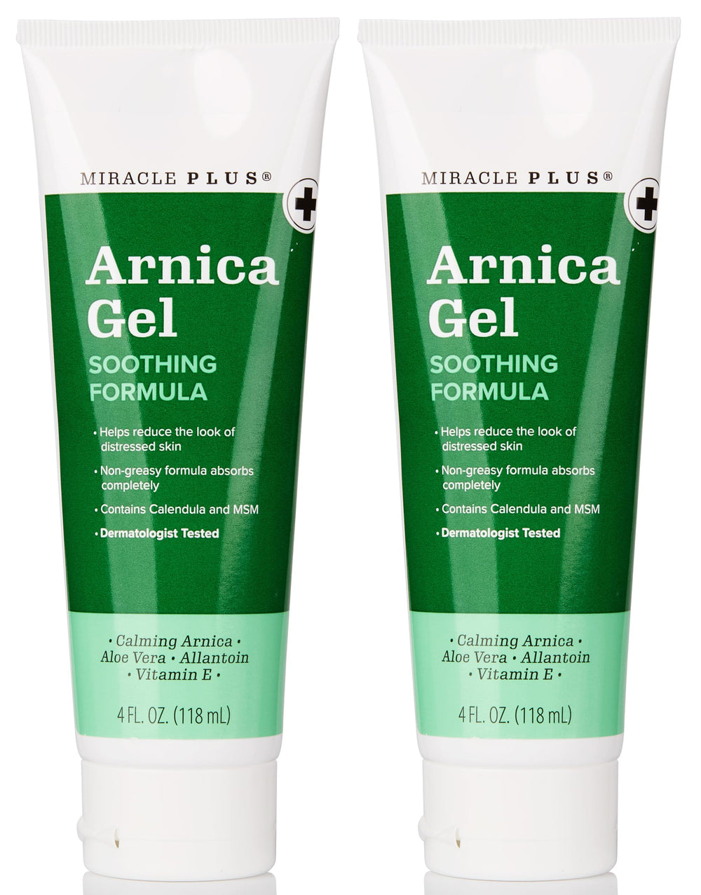 Miracle Plus Arnica Gel bottle shows quick-absorbing, non-greasy formula for bruises.