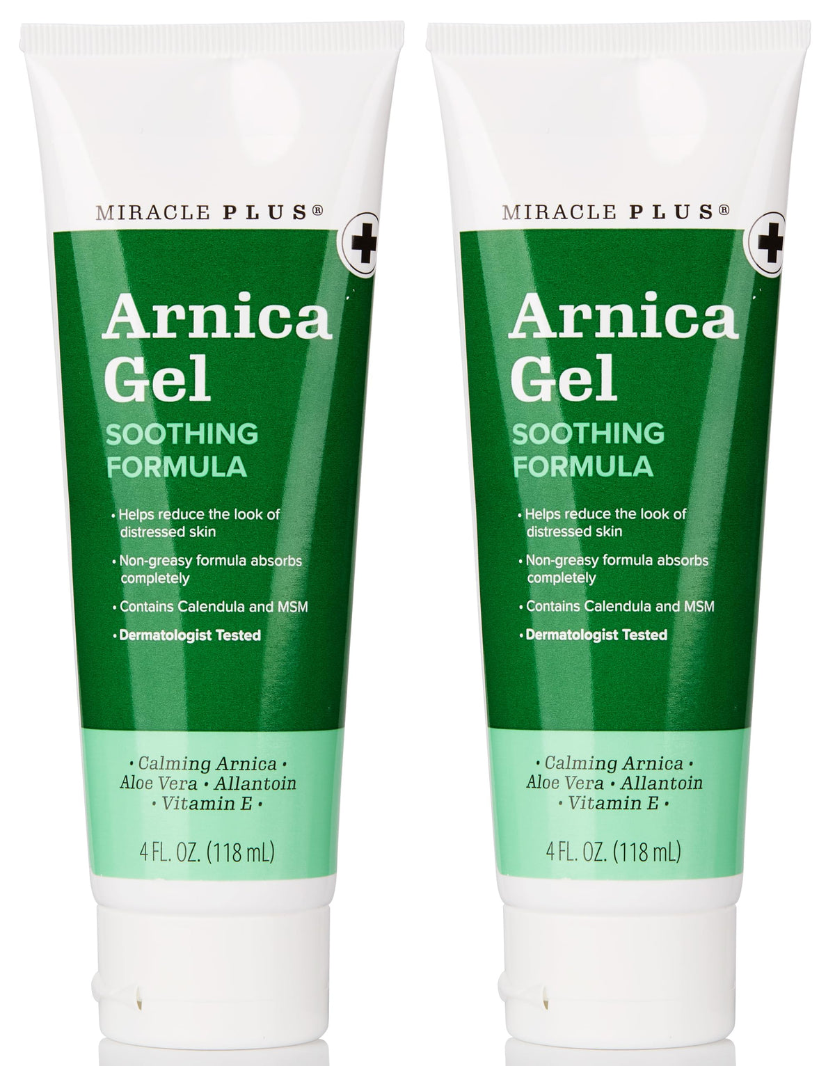 Miracle Plus Arnica Gel bottle shows quick-absorbing, non-greasy formula for bruises.