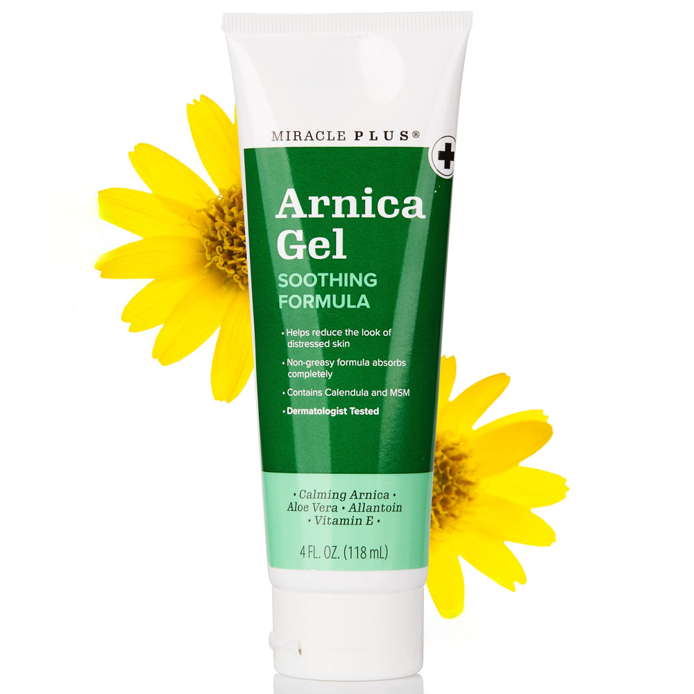 Dermatologist-tested Miracle Plus Arnica Gel label emphasizes safety and quality.
