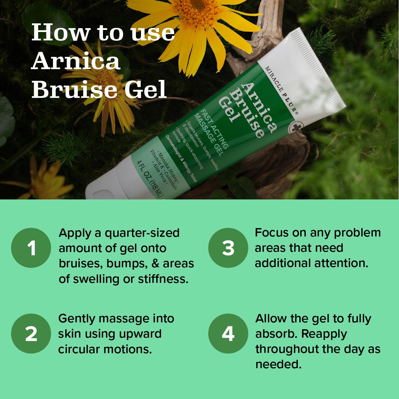 Two Miracle Plus Arnica Gel bottles shown in packaging for the 2-pack.