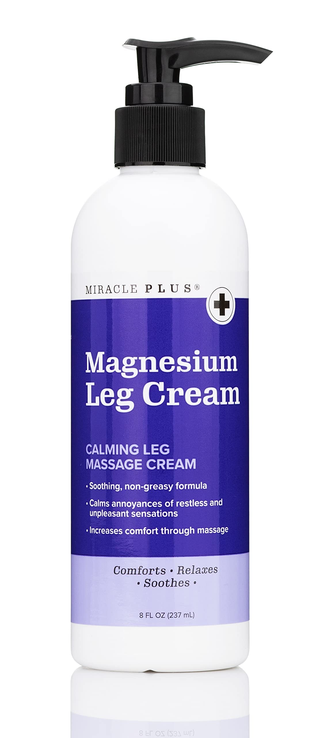 Miracle Plus Magnesium Cream leg relief bottle showing a soothing topical solution.