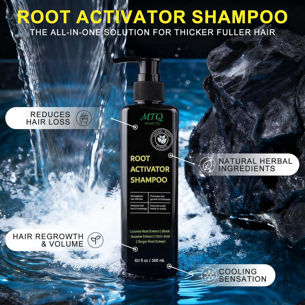 Miracle TQ Root Activator Shampoo label close-up with herbal blend