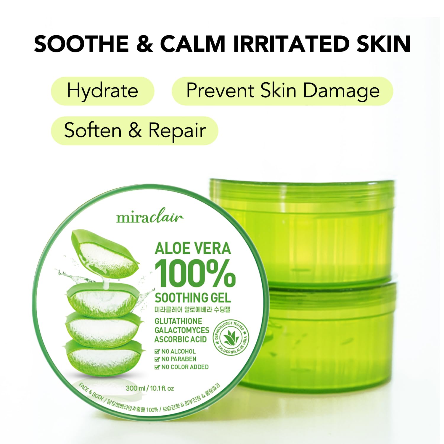 MIRACLAIR Aloe Vera Gel texture close-up shows clear, lightweight formula