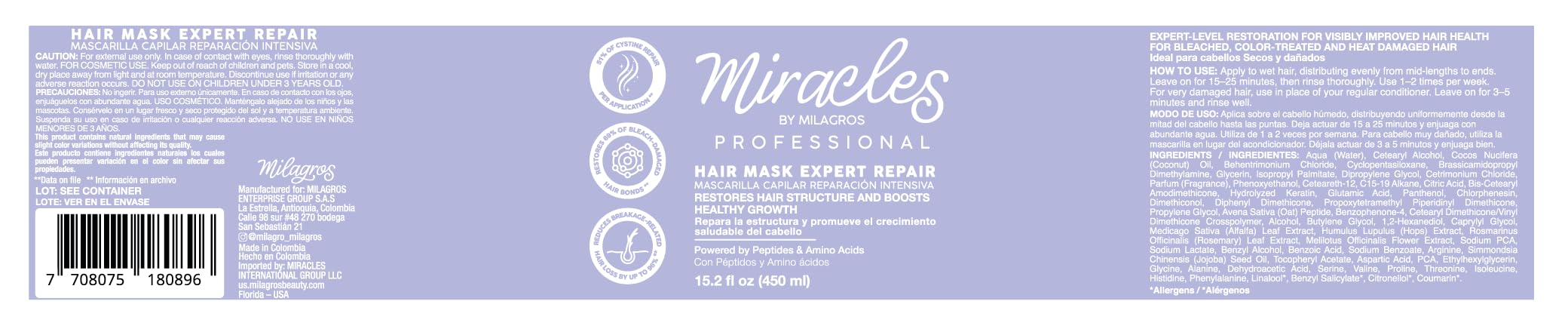 Miracles By Milagros Intensive Repair Hair Mask product line with rich ingredients and directions