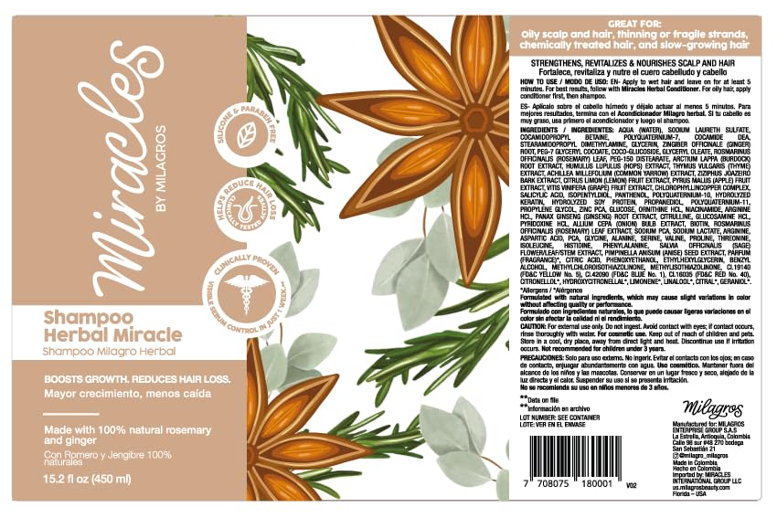 Miracles By Milagros rosemary shampoo label emphasizes natural extracts