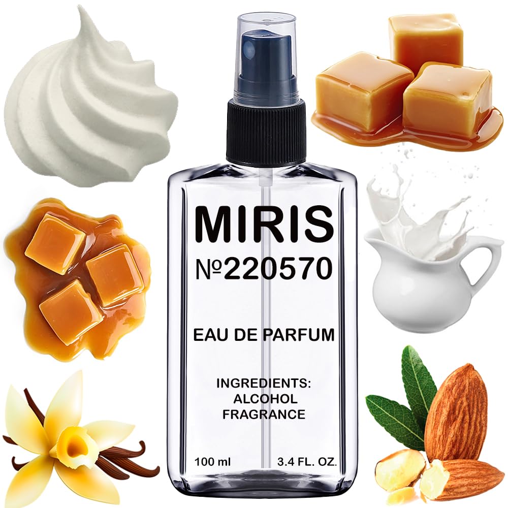 MIRIS No. 220570 bottle against soft background, vanilla cake-inspired aroma ready to wear.