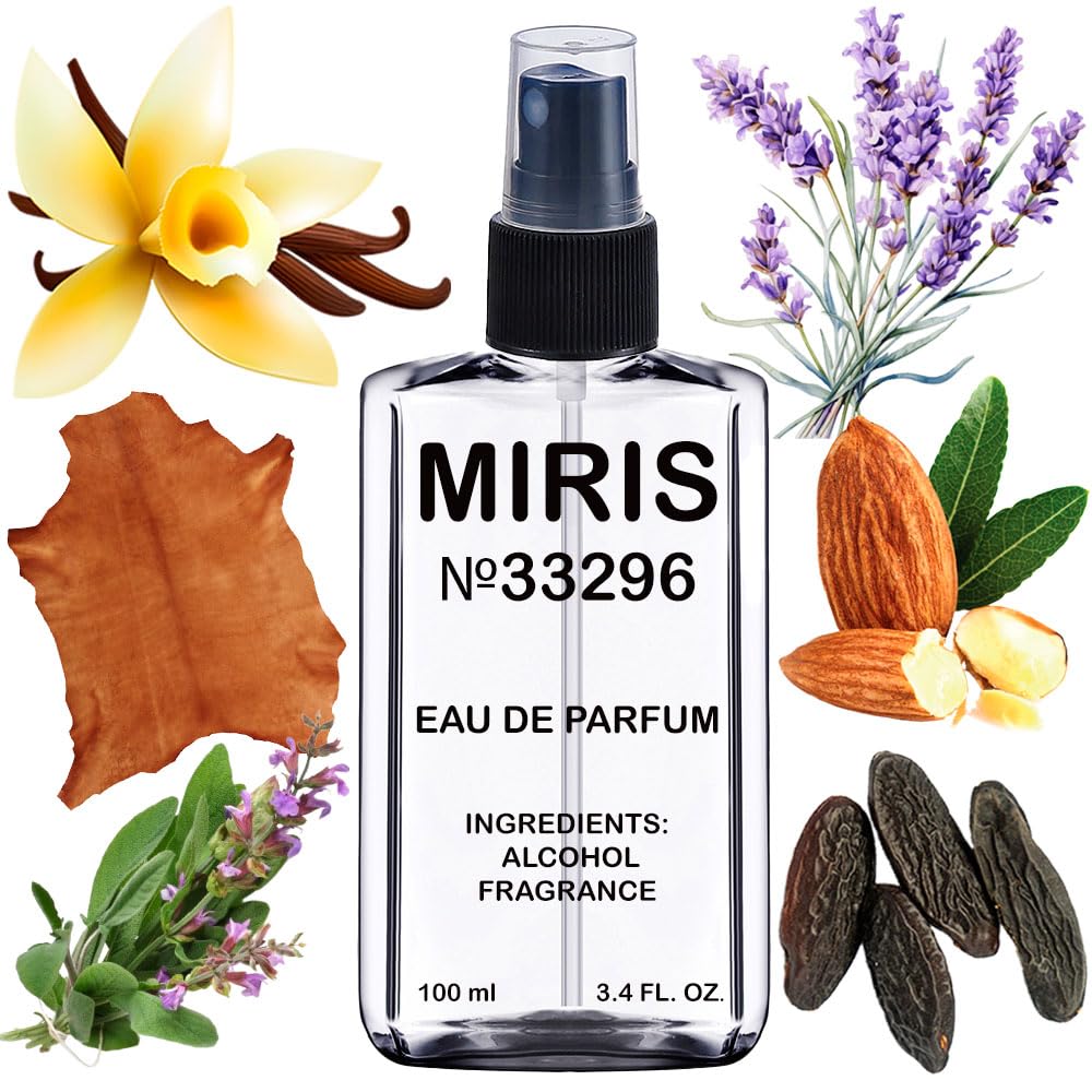 MIRIS No. 33296 bottle front view—sleek leather-inspired unisex scent for daily wear.