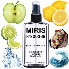 MIRIS No. 339368 bottle front reveals a premium woody aquatic fragrance for daily wear