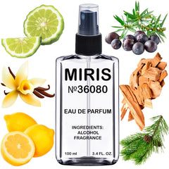MIRIS No. 36080 bottle pour reveals a gourmet woody fragrance for all-day wear.