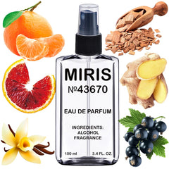MIRIS No. 43670 deep red fragrance bottle front shows elegant design and long-lasting scent