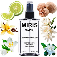 MIRIS No. 496 bottle front shows Organza-inspired design for elegance.