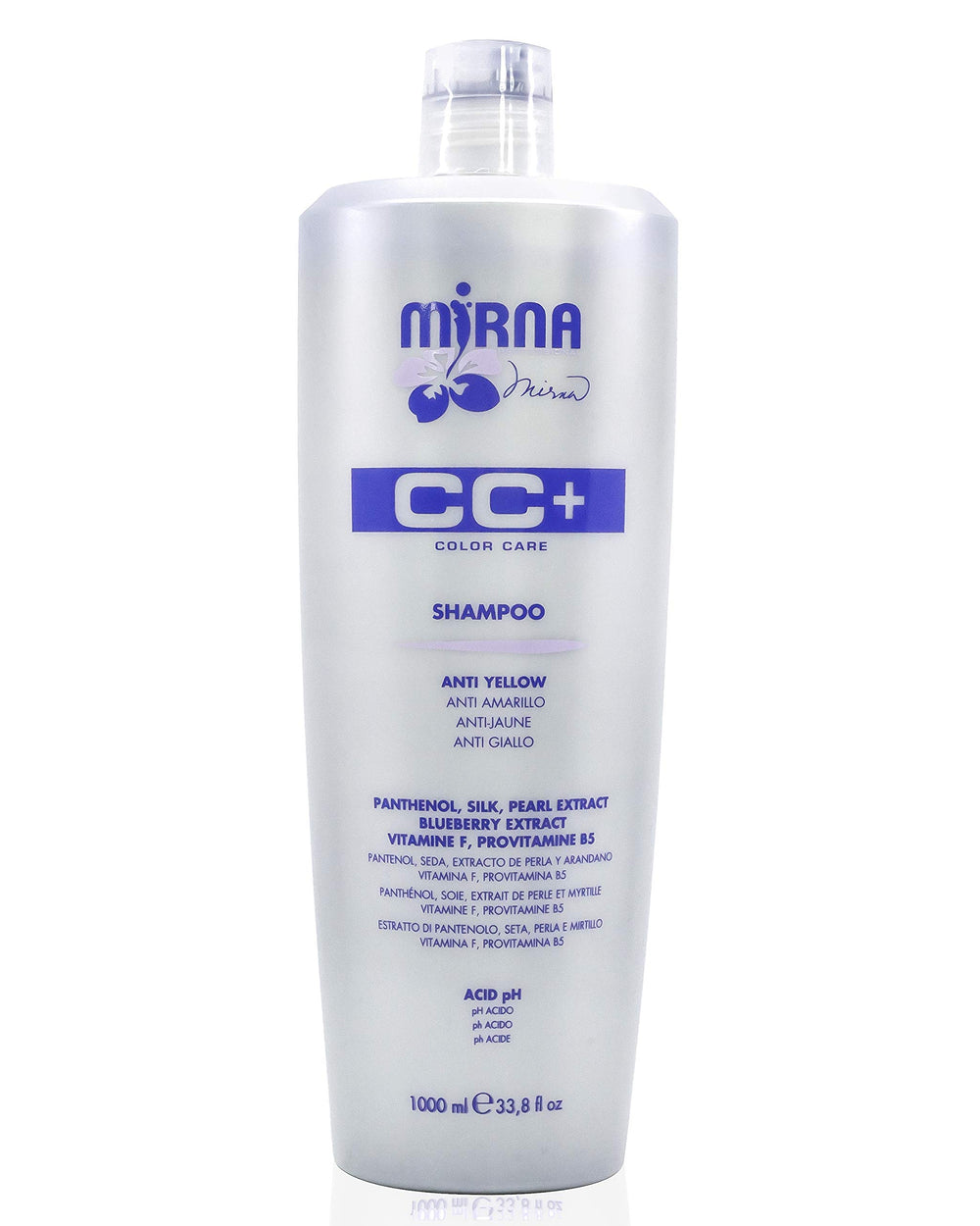 Mirna Professional Anti Yellow Shampoo bottle closeup showing gentle pH care for color