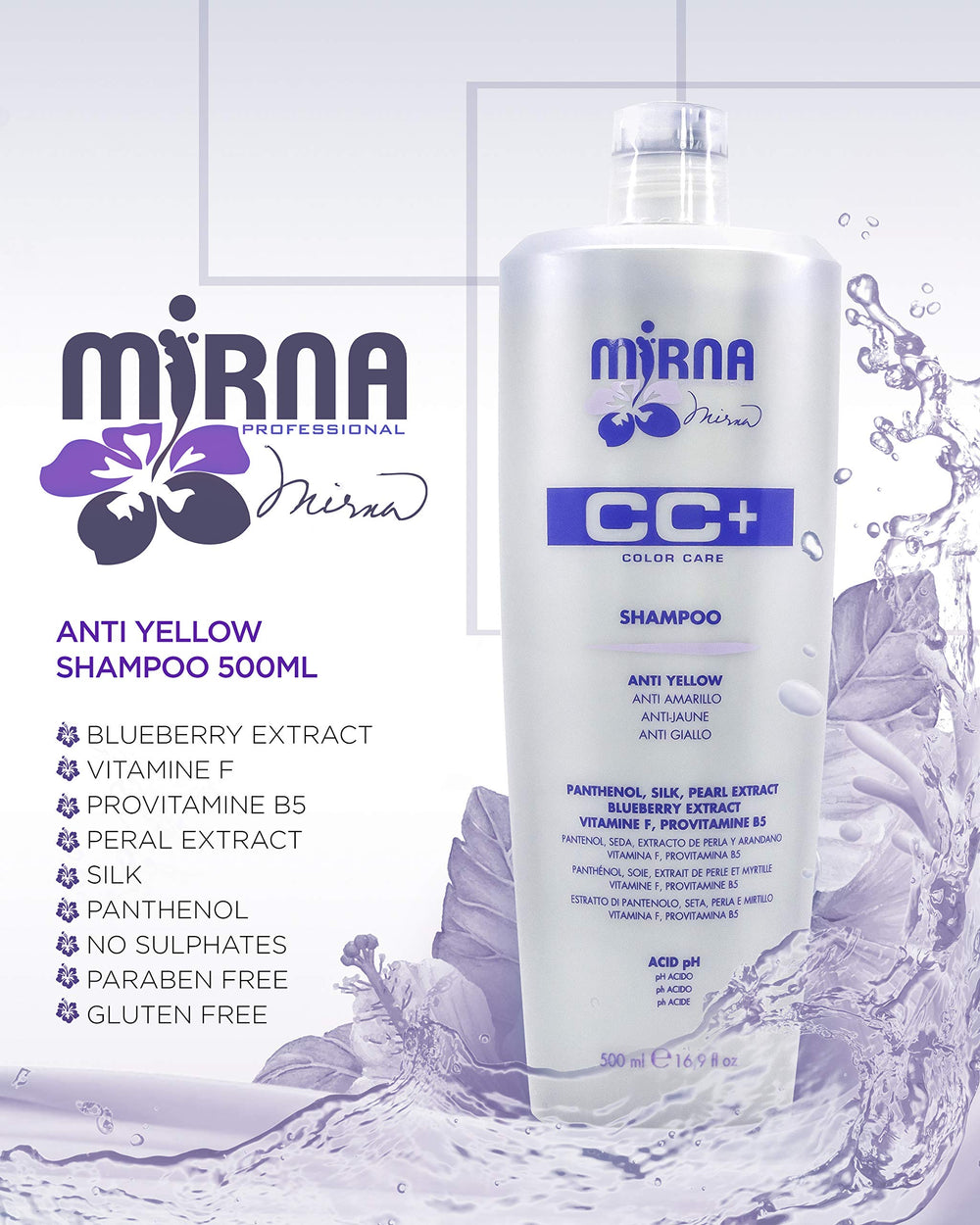 Mirna Professional Color Care NO Yellow Shampoo ingredients panel shows Panthenol and silk benefits for softness.