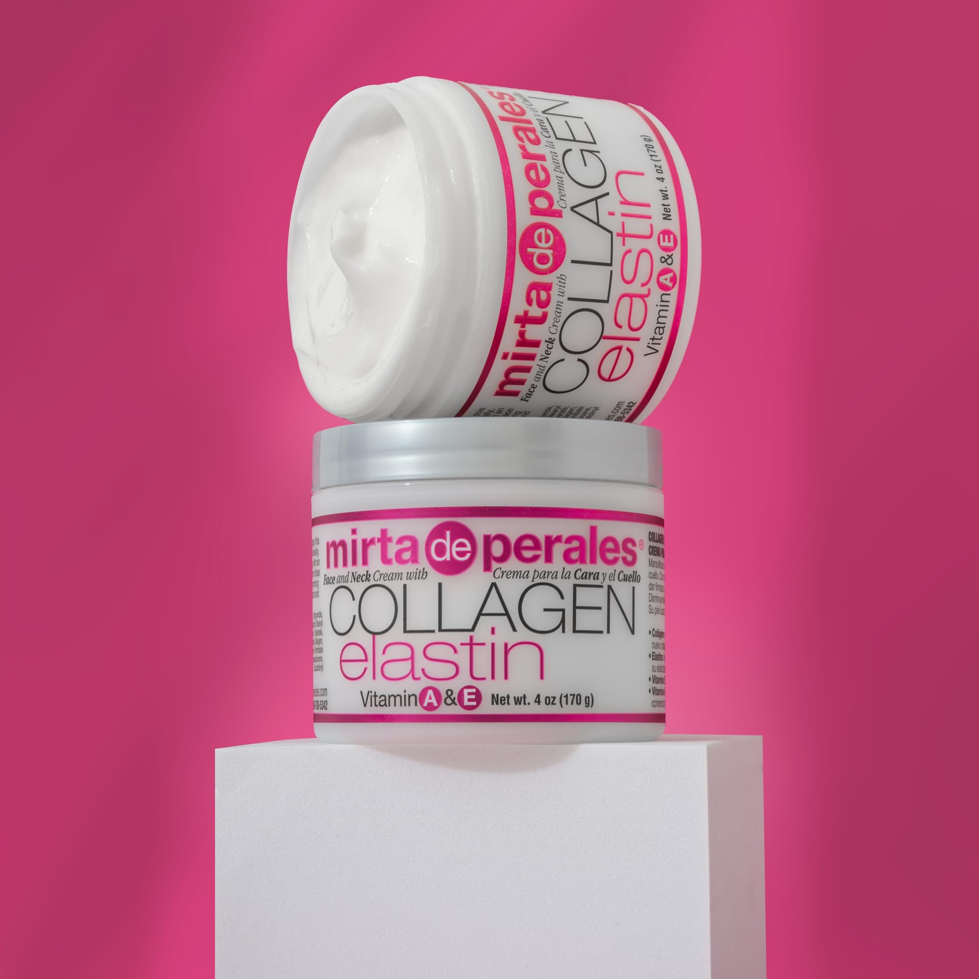 Mirta De Perales Collagen Elastin Cream jar closeup showing smooth, hydrating texture.