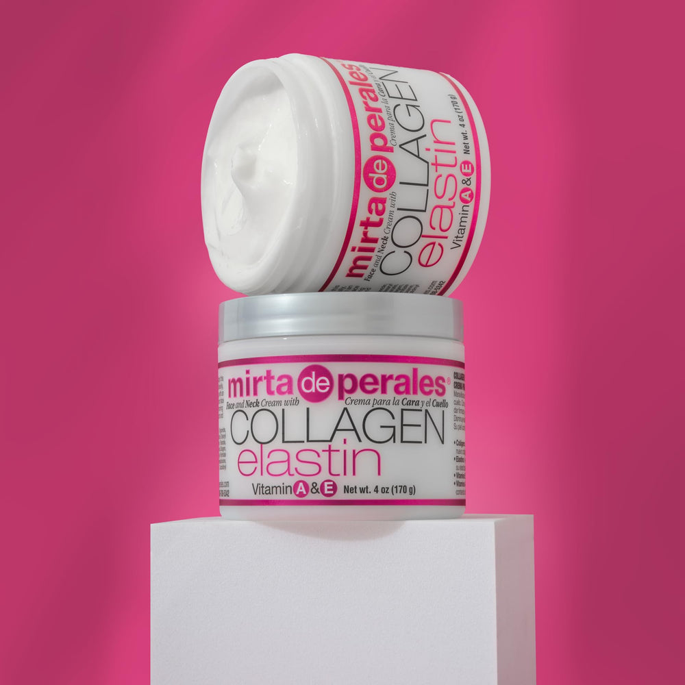Mirta De Perales Collagen Elastin Cream jar closeup showing smooth, hydrating texture.