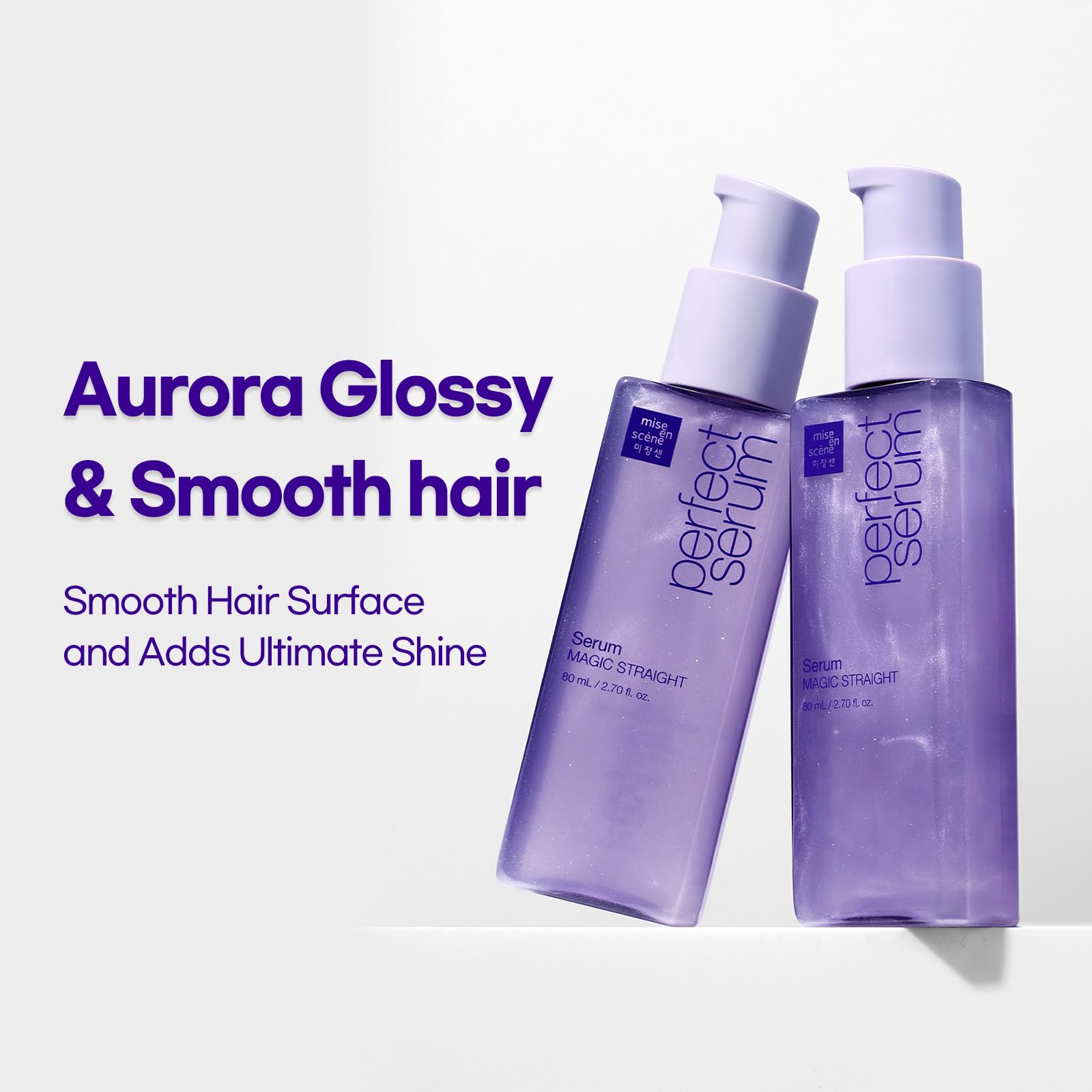 Mise En Scene serum on model hair with smooth finish.