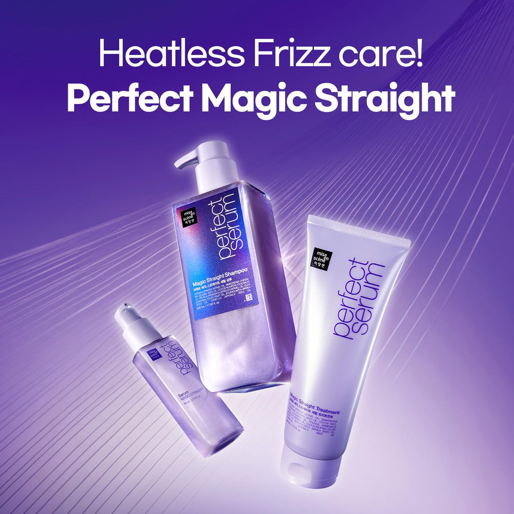 Mise En Scene Perfect Serum Magic Straight pour close-up shows smooth flow.