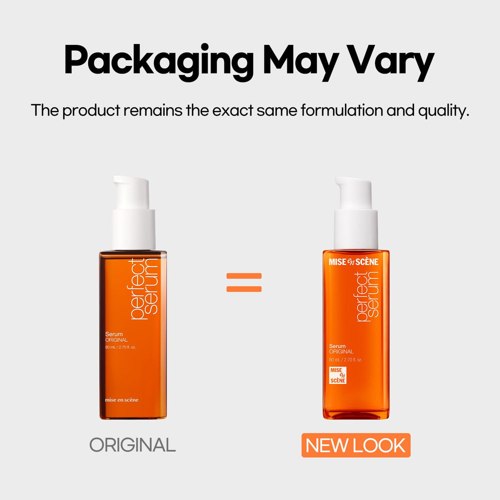 Mise En Scene Perfect Serum Original application on damp hair shows frizz control.