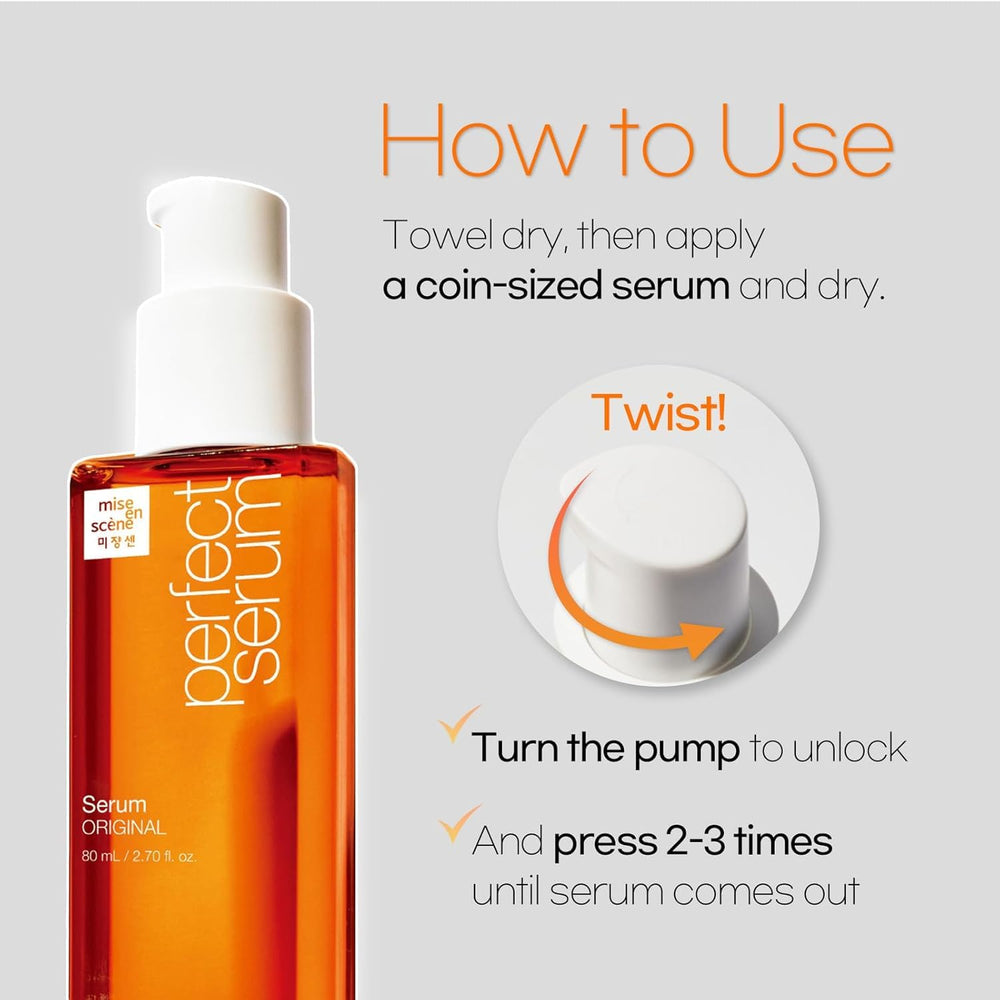 Mise En Scene Perfect Serum Original on hair with curling iron nearby.