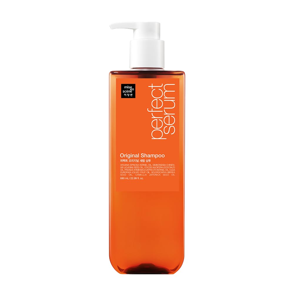 Mise En Scene Perfect Serum Original Shampoo bottle pouring for smooth, nourished hair