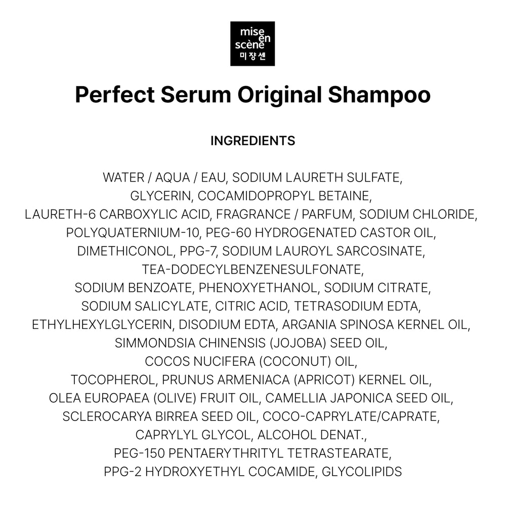 Mise En Scene Perfect Serum Original Shampoo ingredients label, argan oil and jojoba seed benefits