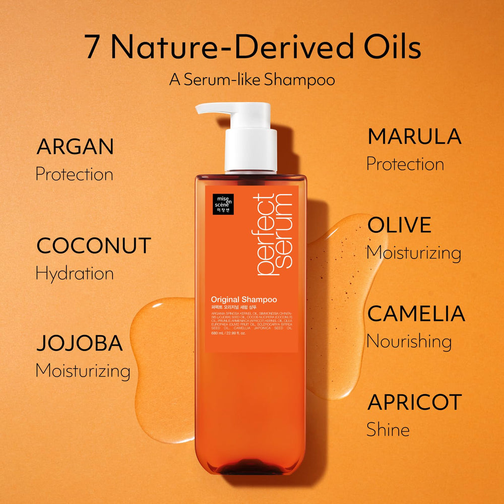 Mise En Scene Perfect Serum Original Shampoo jojoba seed closeup, showcasing natural shine and softness