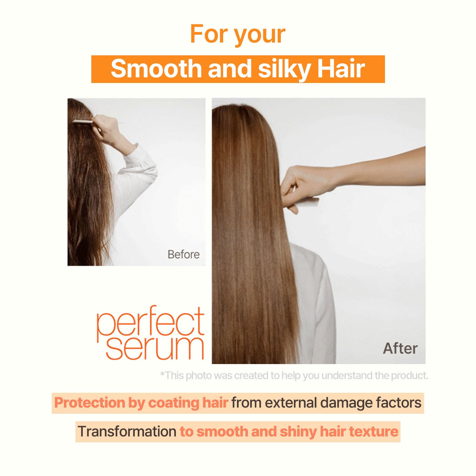 Mise En Scene Perfect Serum Treatment being applied to hair ends for nourishment.