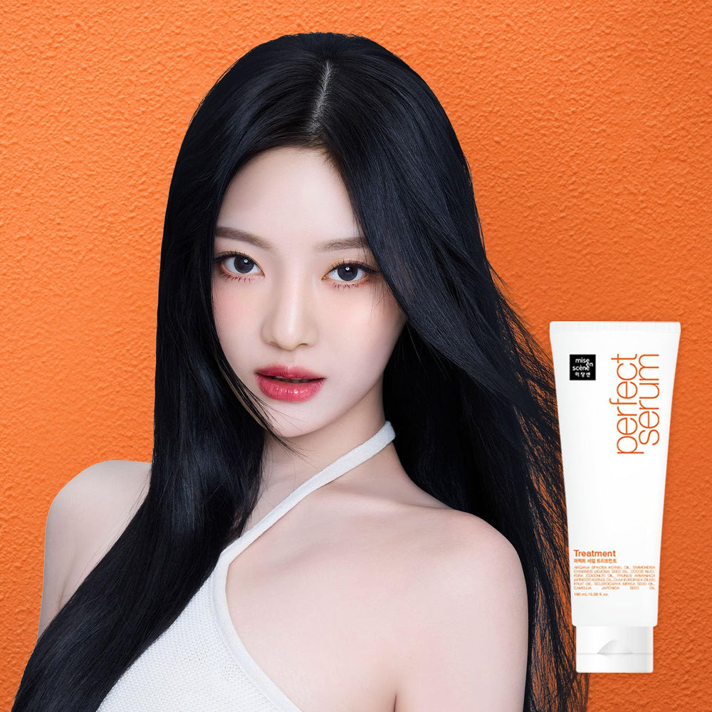 Mise En Scene Perfect Serum Treatment coats hair for a glossy finish.