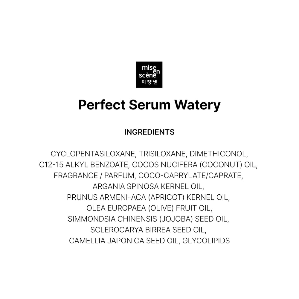 Mise En Scene Perfect Serum Watery after-use shine on hair.