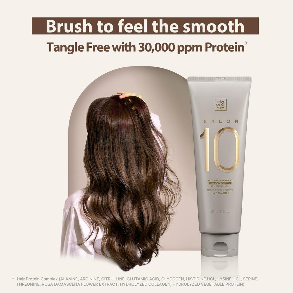 Mise En Scene Salon soft-shine finish appears on hair after use.
