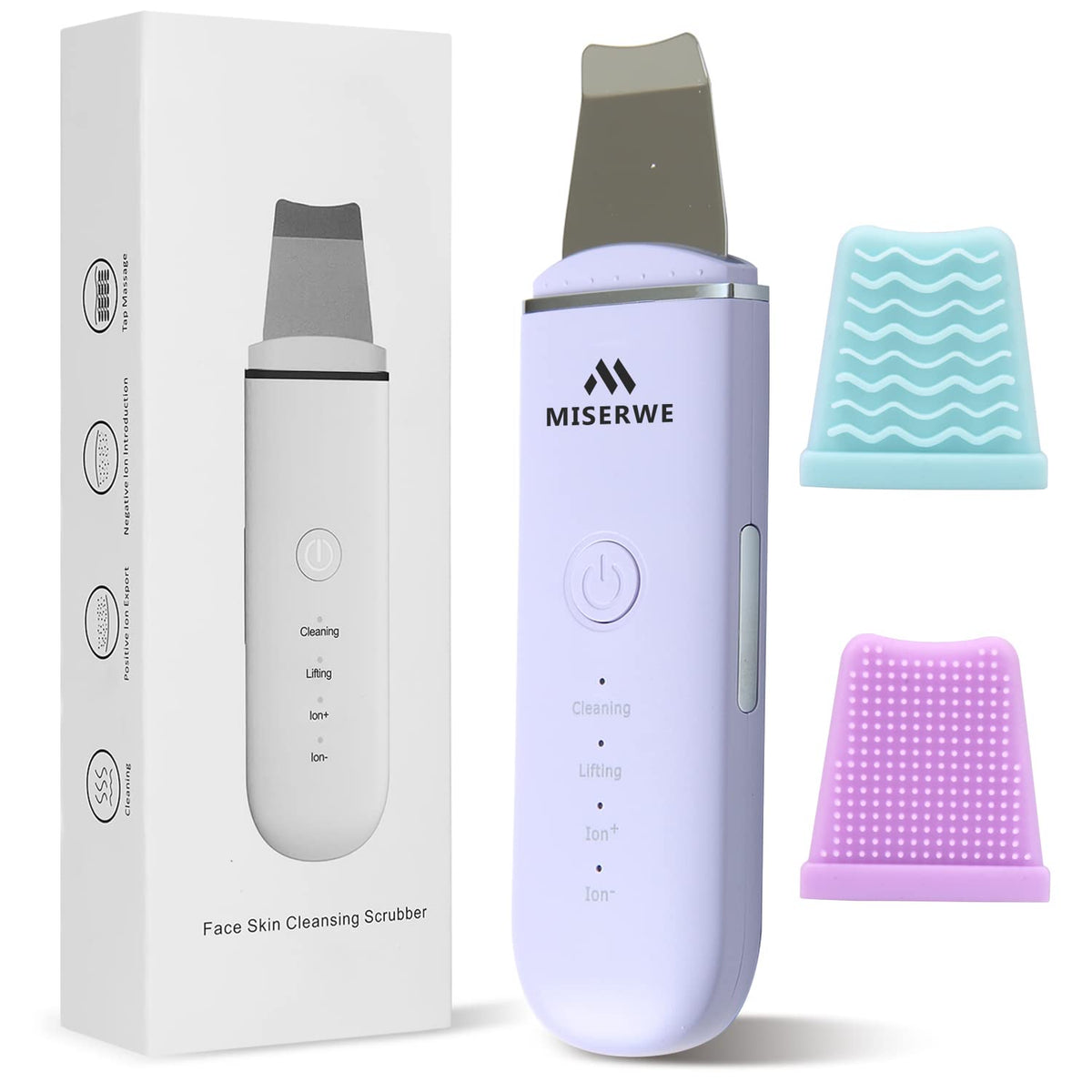 MISERWE Skin Scrubber face close-up promoting deep cleansing and smoother skin.