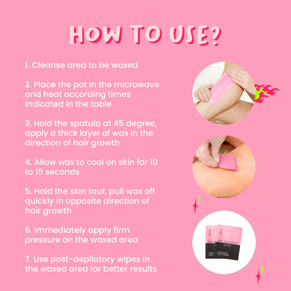 Miss Cire Pink wax in use on skin showing stripless application steps