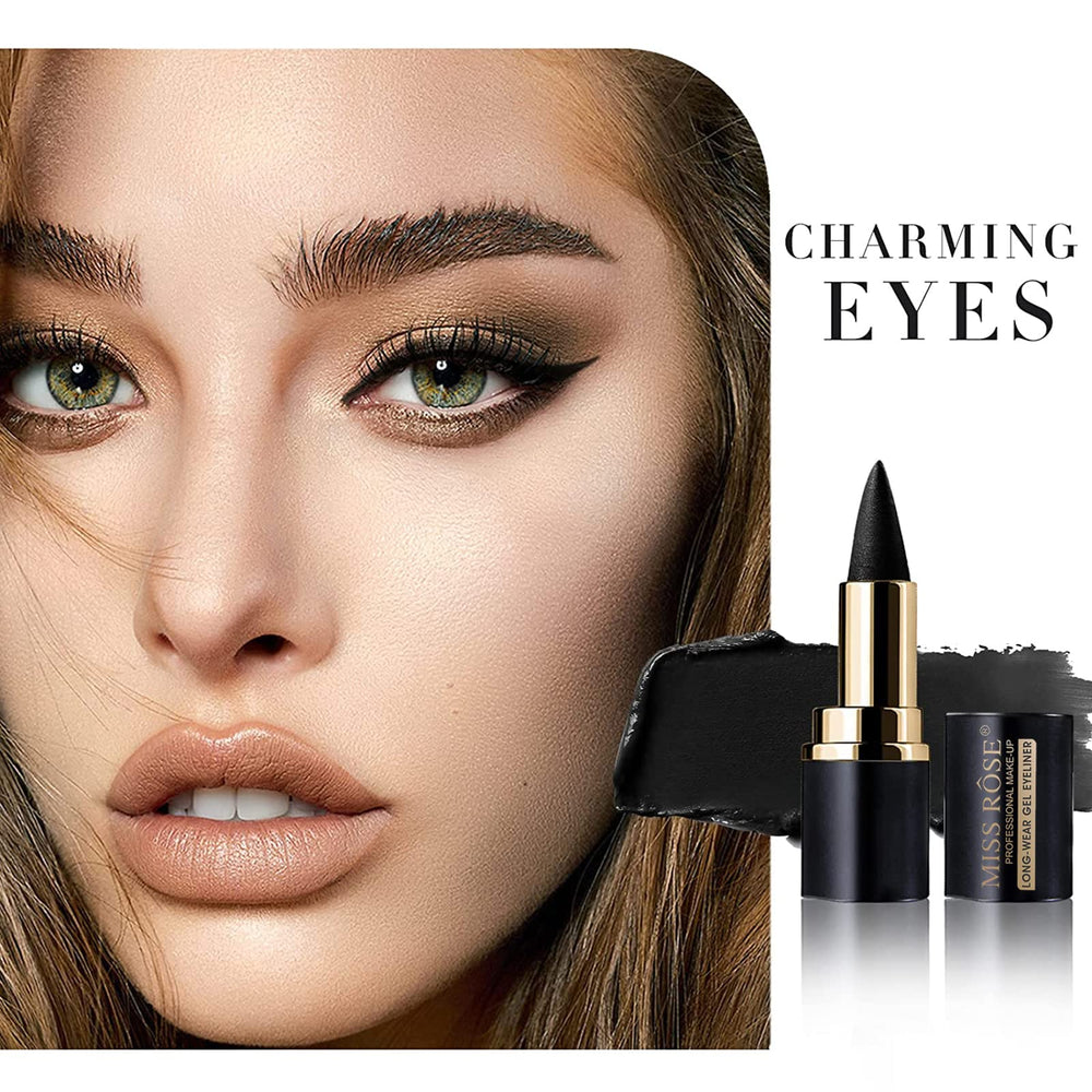 Miss Rose M winged eye look created with gel eyeliner pencils.