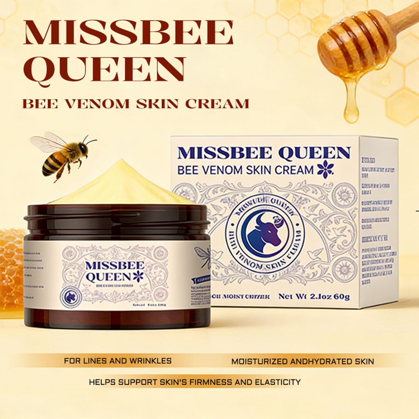 MISSBEE QUEEN bee venom cream shown with honey and botanical oils