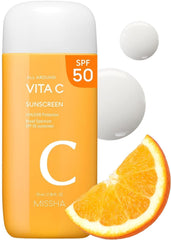 MISSHA All Around Vita C Sunscreen SPF 50 bottle closeup shows lightweight protection.
