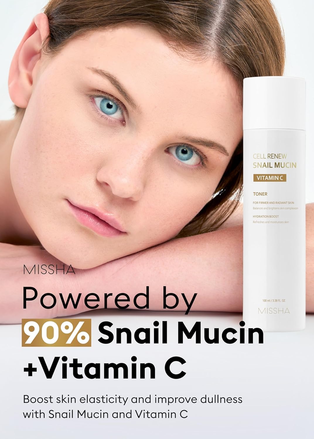 MISSHA Cell Renew Snail Mucin Toner packaging label highlights paraben-free, nourishing formula.