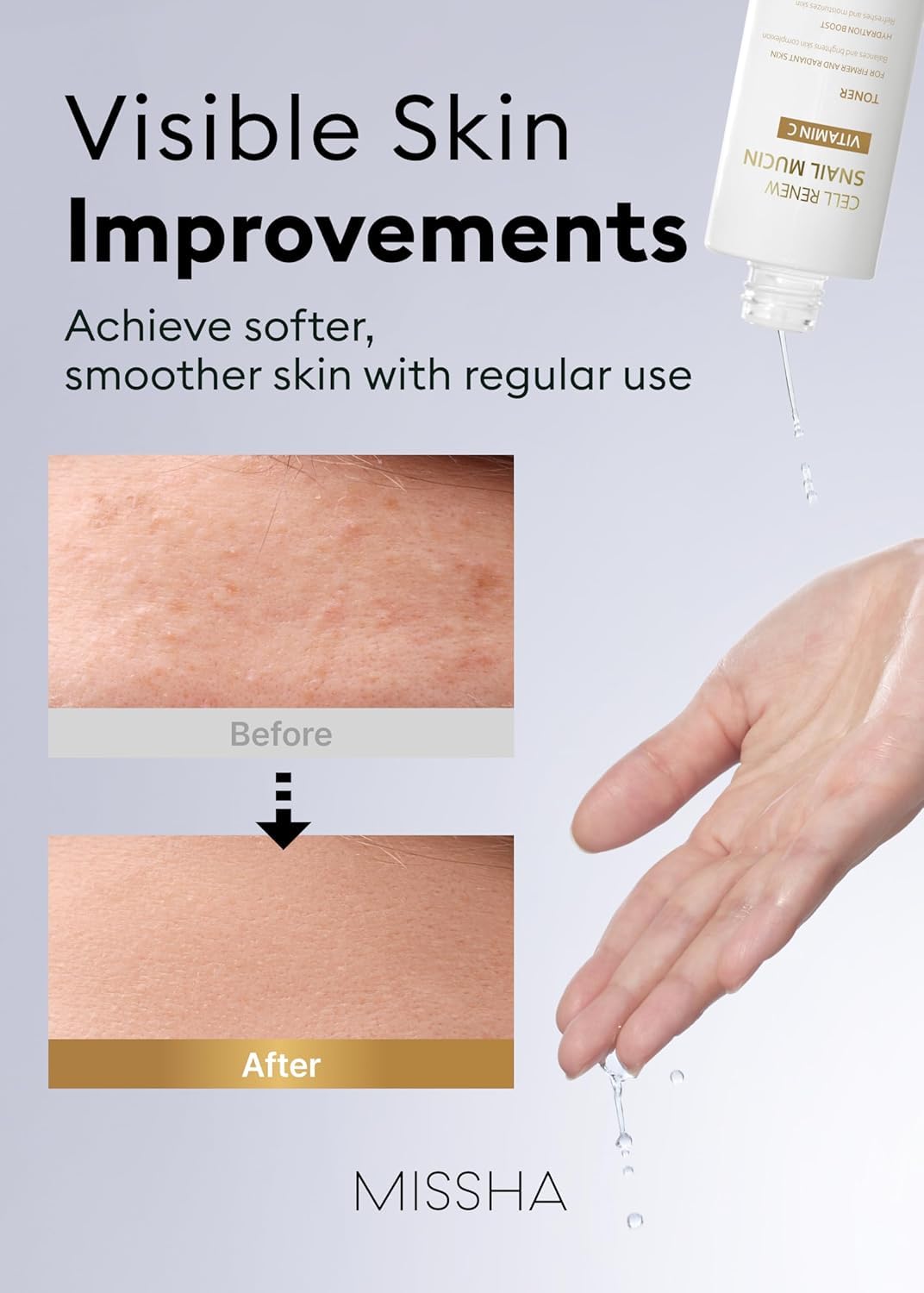 MISSHA Cell Renew Snail Mucin Toner texture on skin shows lightweight hydration.