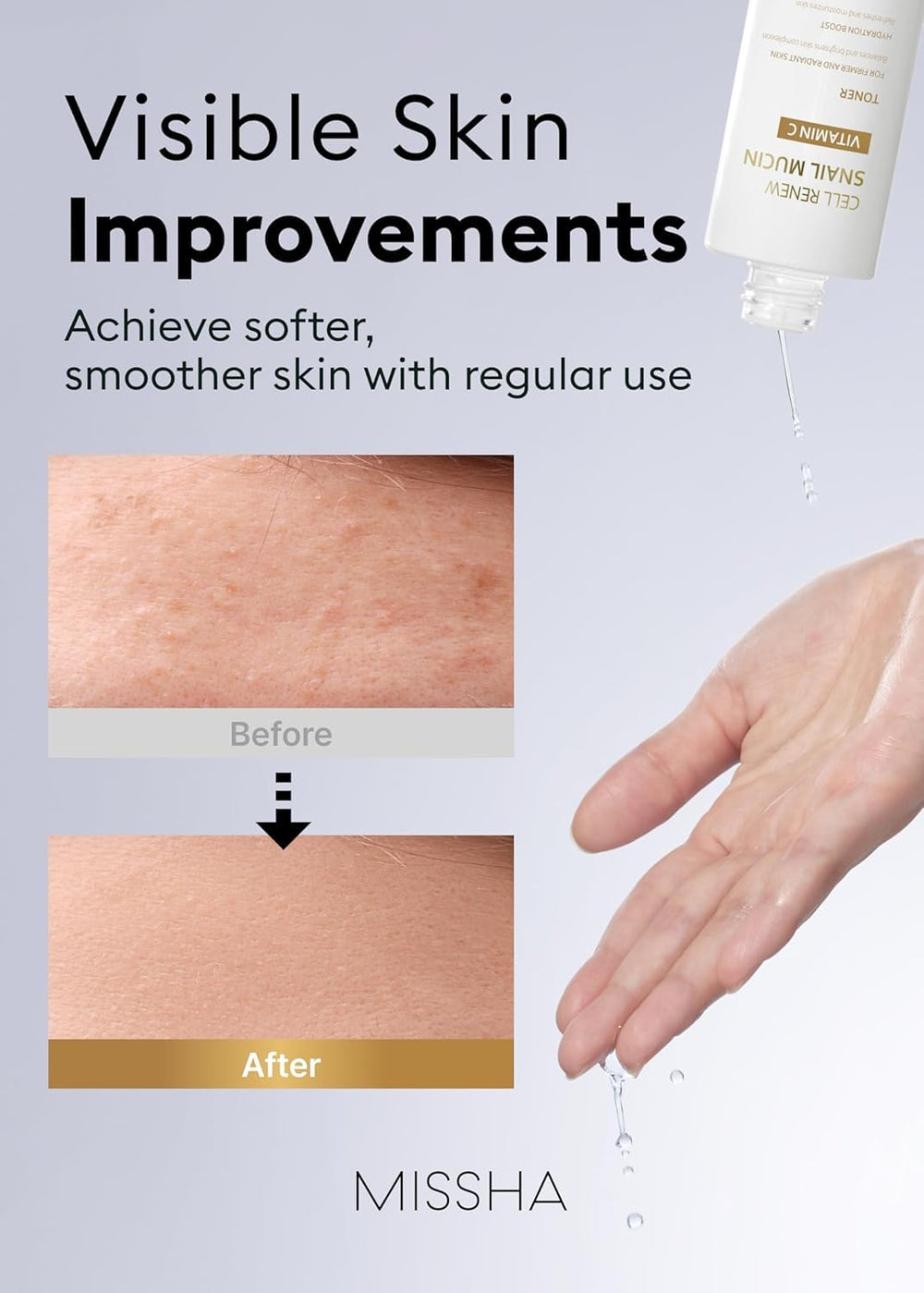 MISSHA Cell Renew Snail Mucin Toner texture on skin shows lightweight hydration.