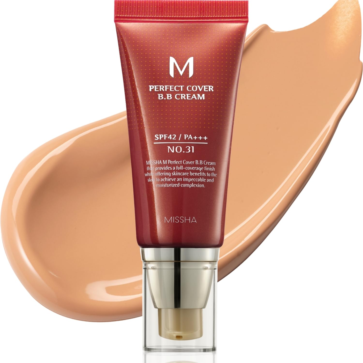 MISSHA M Perfect Cover BB Cream 31 Golden Beige bottle close-up showing natural coverage.