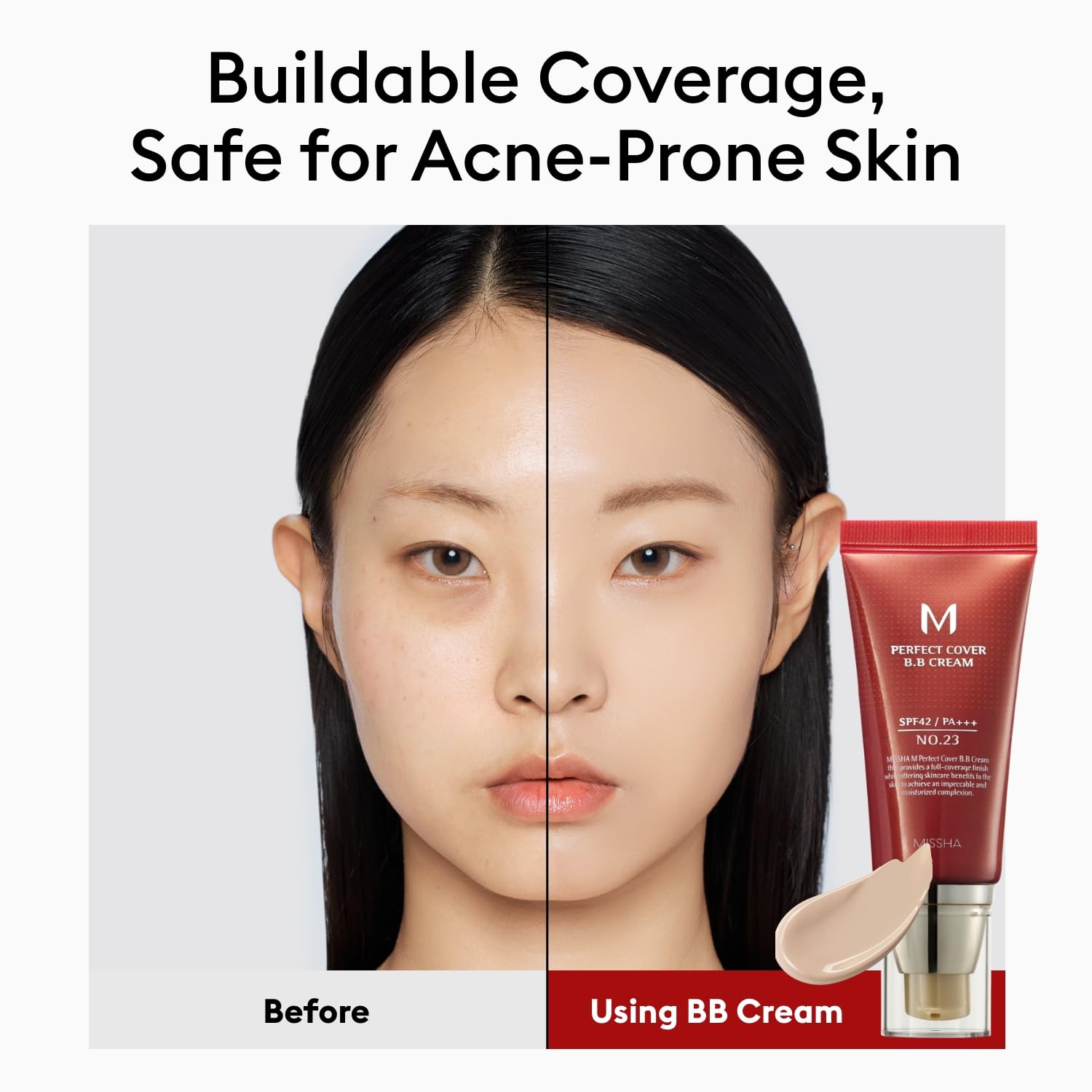 Missha M Perfect Cover BB Cream No.23 application swatch showing even coverage.