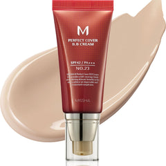 MISSHA M Perfect Cover BB Cream No.23 bottle with SPF 42 provides sun protection.
